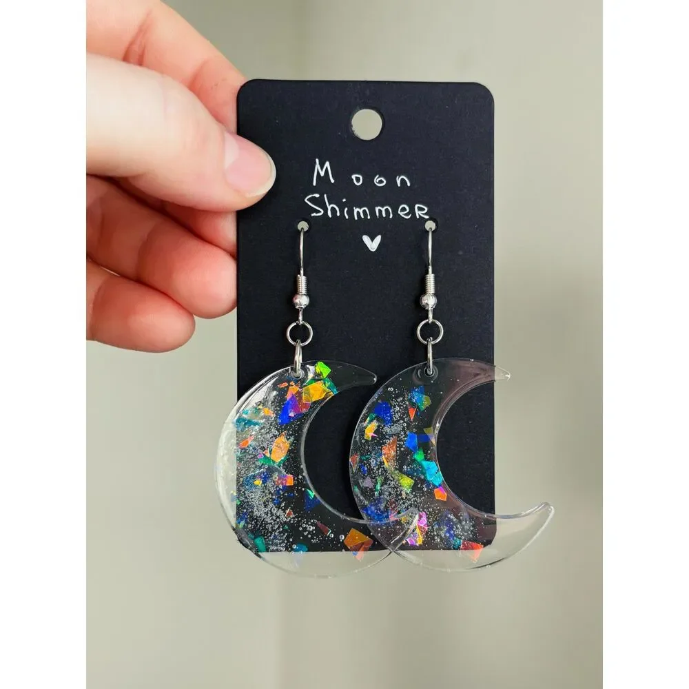 Rainbow Crescent Moon Earrings, Clear Resin Celestial Dangles with Glitter